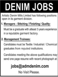 Internships and Jobs in Artistic Denim Mills Karachi 2019 Apply Now