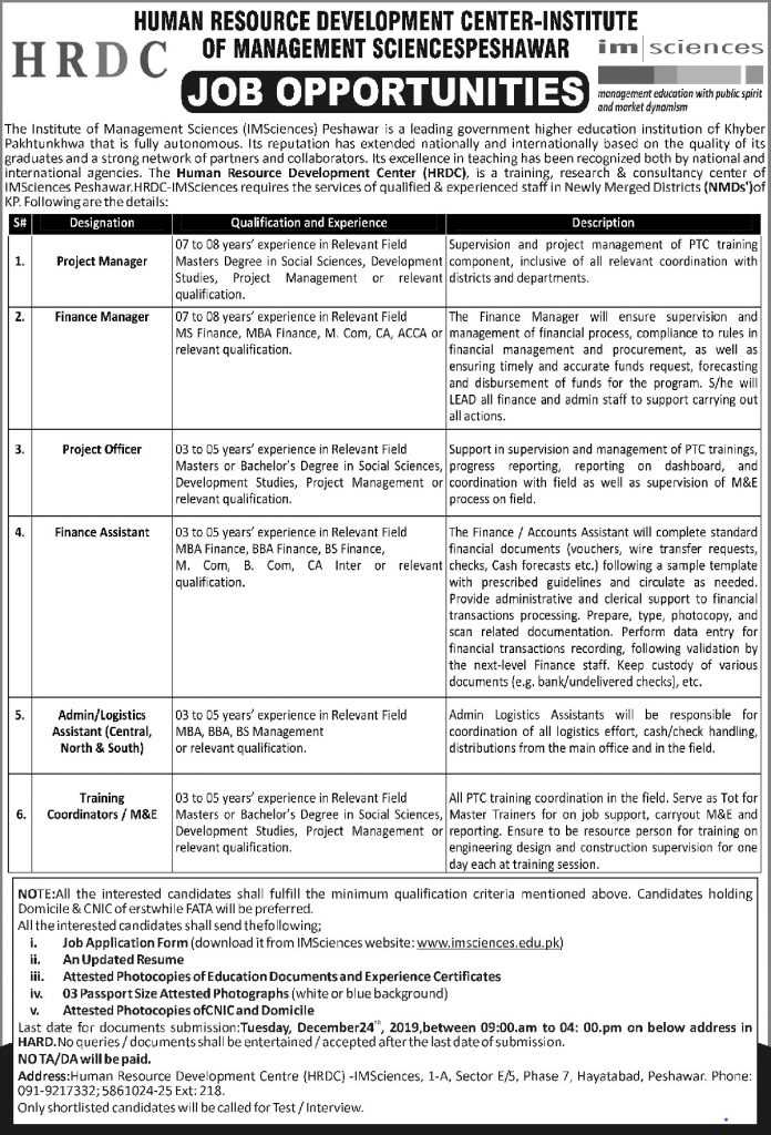 Jobs in Human Resource Development Center - Institute of Management Sciences Peshawar 2019 Apply Now
