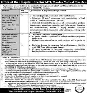 Jobs in Office of the Hospital Director MTI Mardan Medical Complex 2019 Apply Now