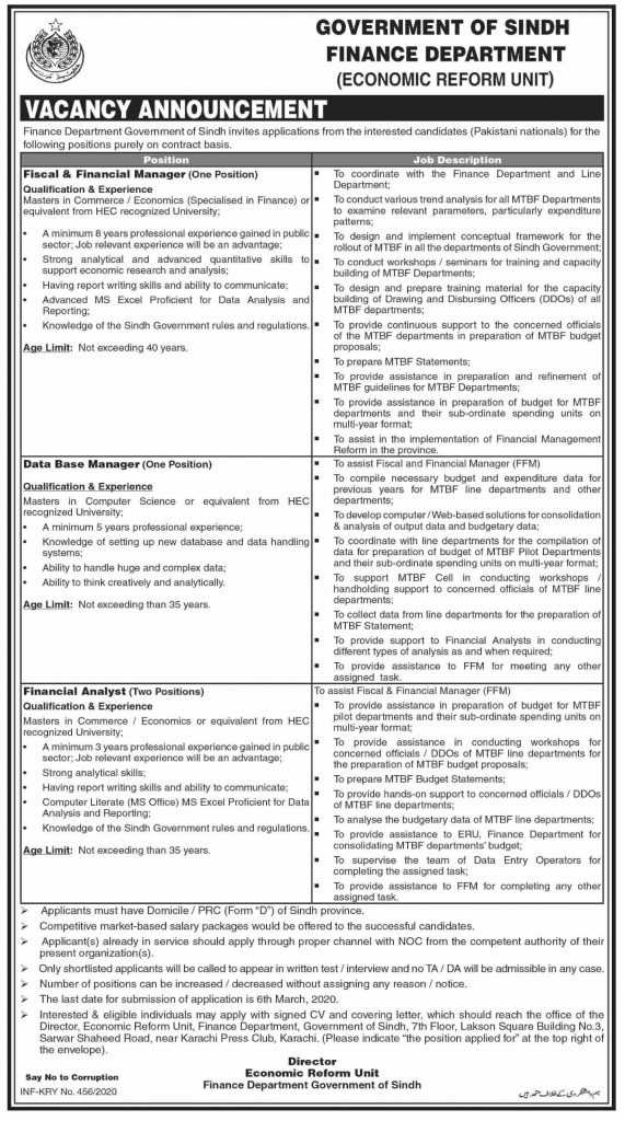 Jobs in Finance Department Economic Reform Unit Sindh 2020 Apply Now