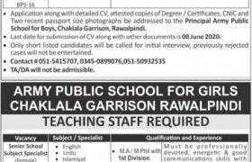 Jobs in Army Public School Girls and Boys Chaklala Garrison Rawalpindi 2020