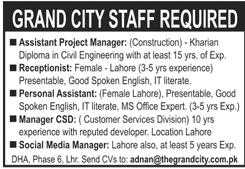 Staff Required at Grand City Lahore 2020