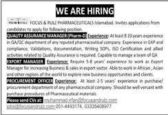 Focus & Rulz Pharmaceuticals Islamabad Jobs 2020