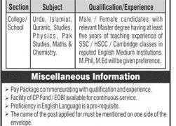 Bahria College Naval Complex Islamabad Jobs 2020