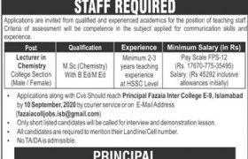 Fazaia Inter College E-9 Islamabad Jobs 2020