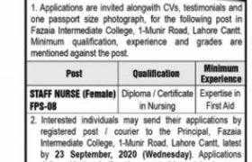 Fazaia Intermediate College Lahore Cantt Jobs 2020