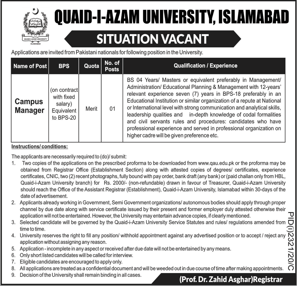 Jobs in quaid e azam university islamabad