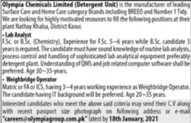 Olympia Chemical Limited Jobs 2021