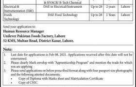 Unilever Pakistan Apprenticeship Program 2021