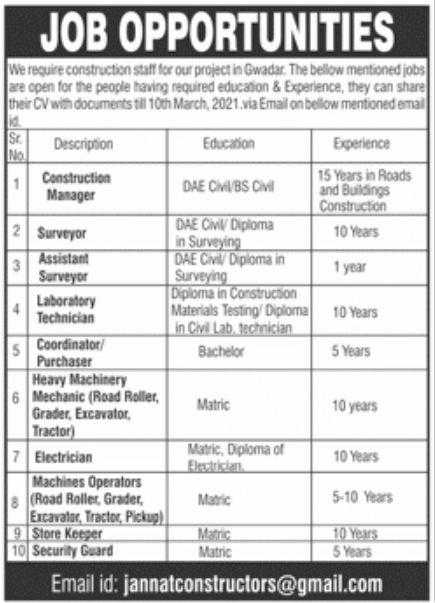 Jannat Constructors Gwadar Jobs 2021