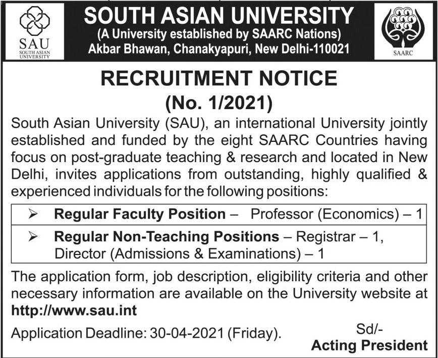 Jobs in South Asian University New Delhi 2021