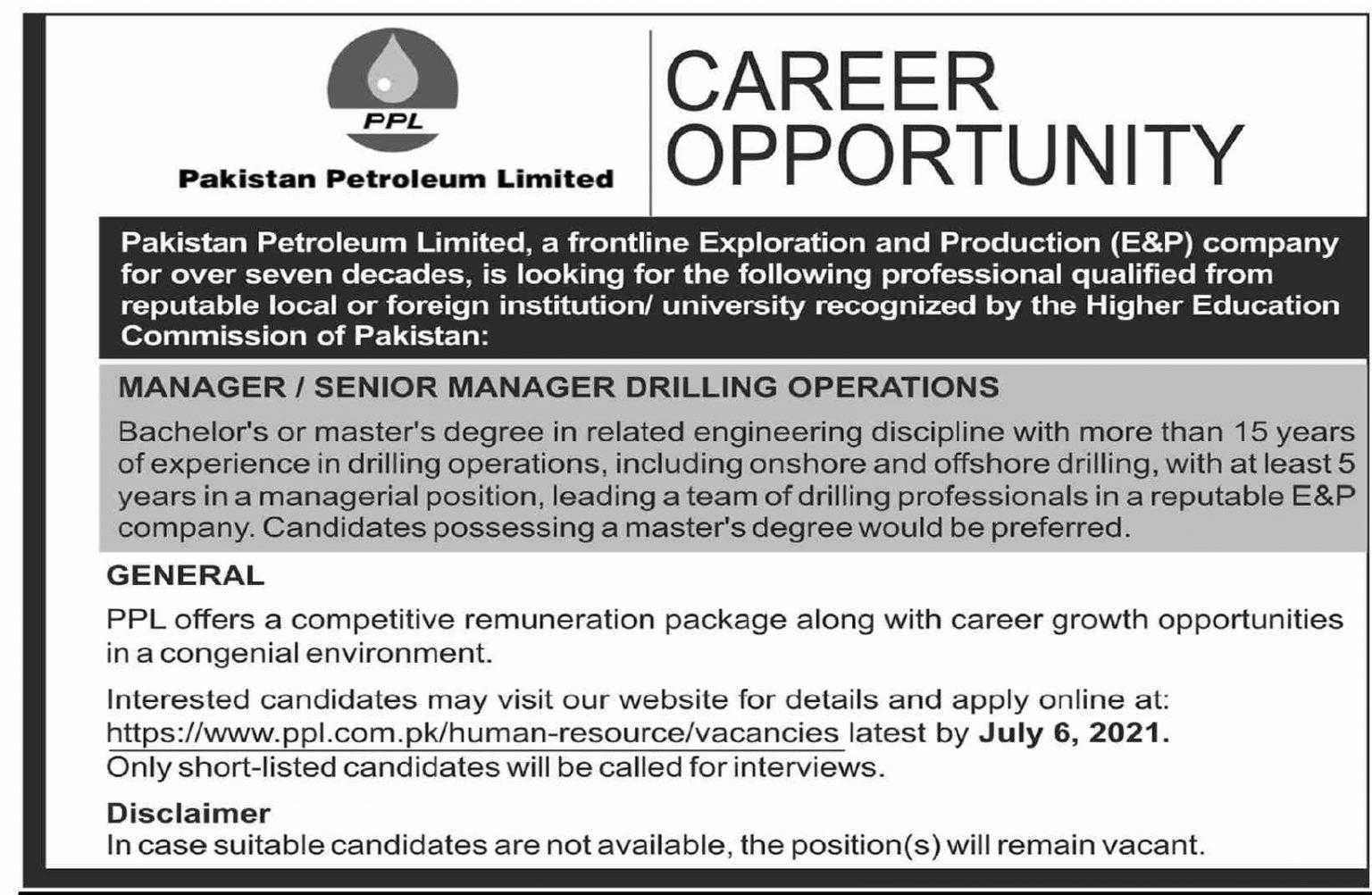 Pakistan Petroleum Limited PPL Jobs 2021