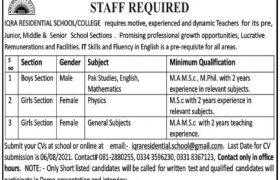 Iqra Residential School / College Quetta Jobs 2021