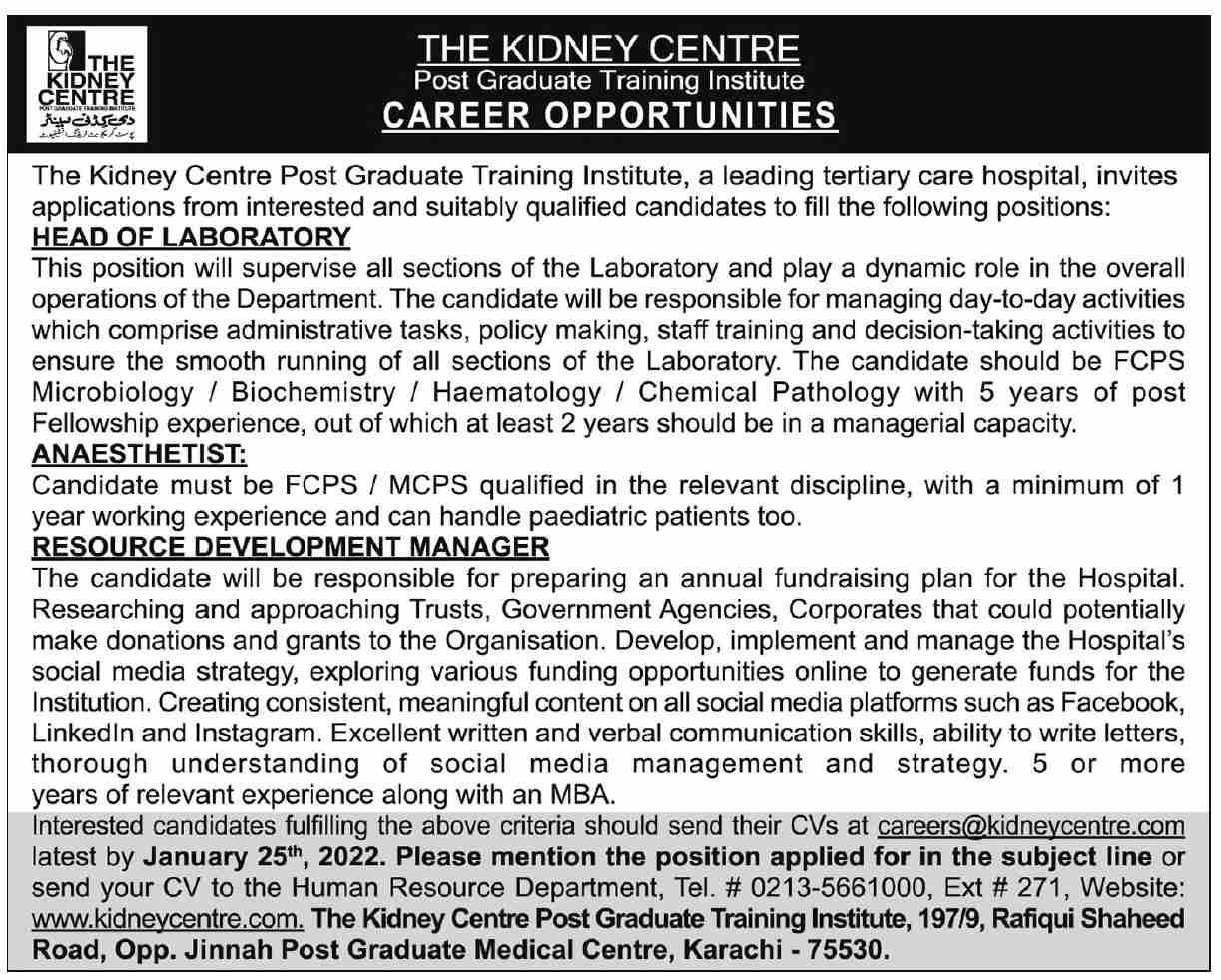 Jobs in The Kidney Centre Karachi 2022