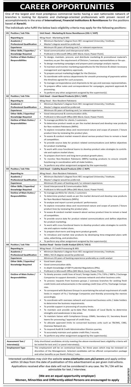 Jobs in a Commercial Bank Karachi 2022