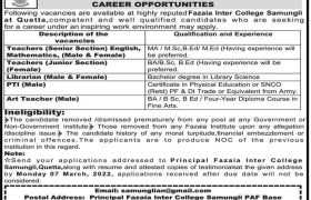 Jobs at Fazaia Inter College Samungli 2022