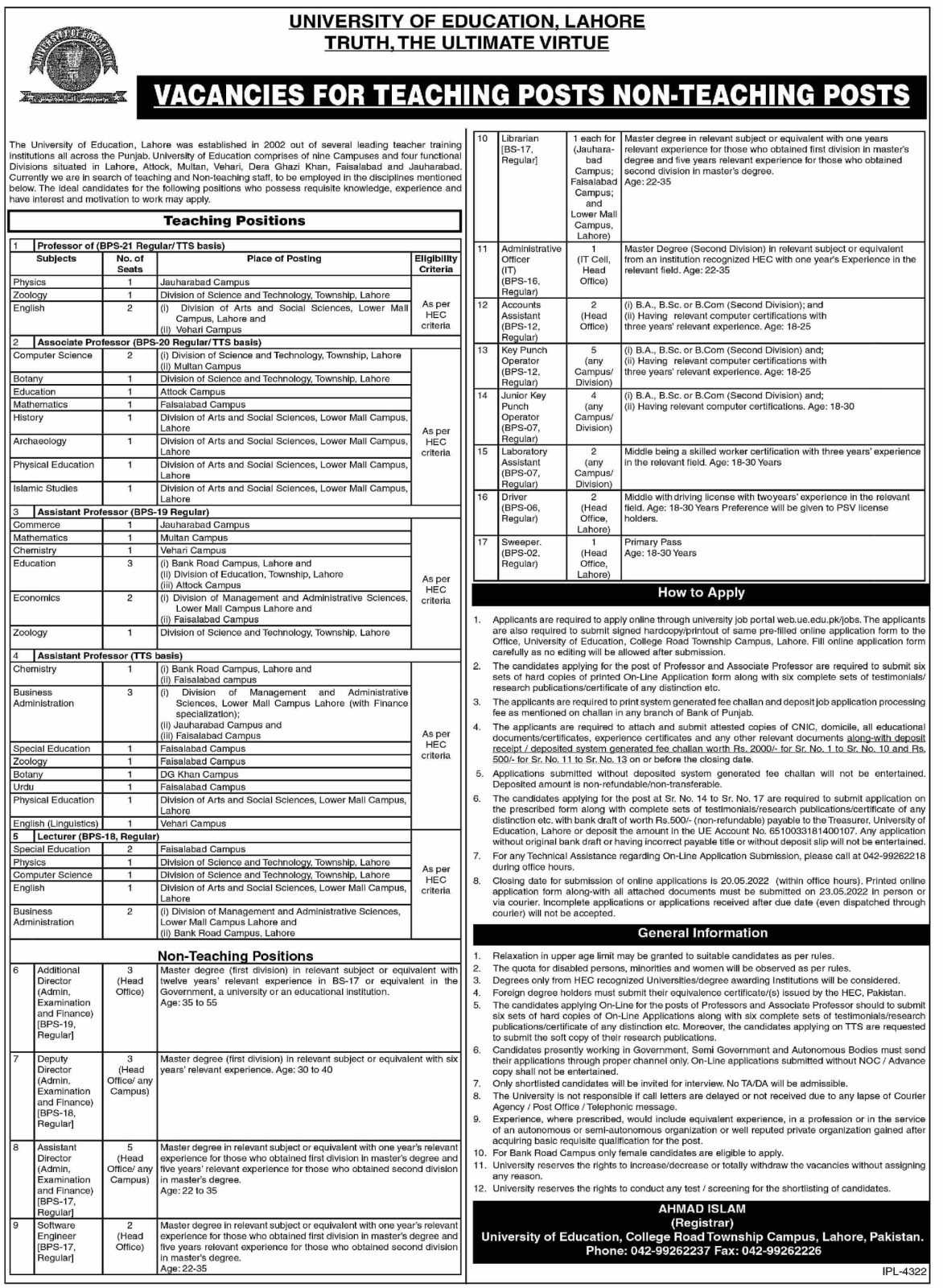 Vacancies at University of Education Lahore 2022