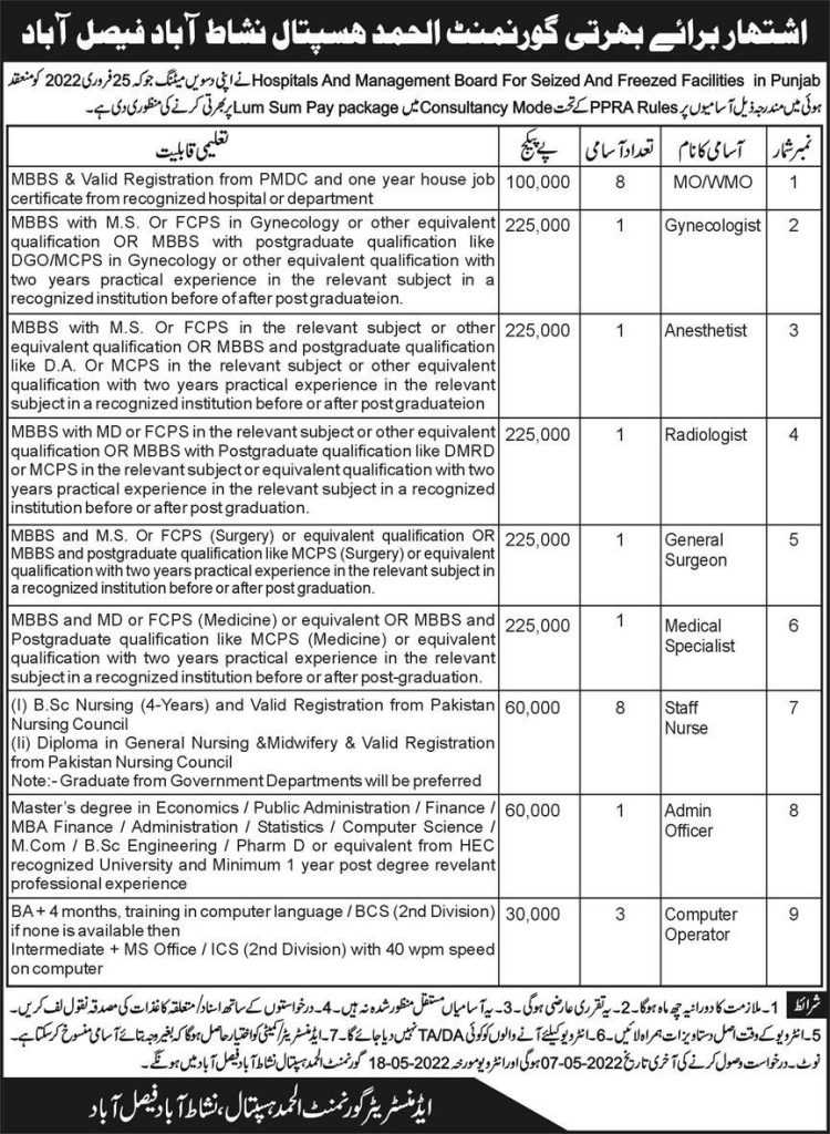 Jobs in Govt Al-Hamd Hospital Faisalabad 2022 - Latest Jobs In Pakistan