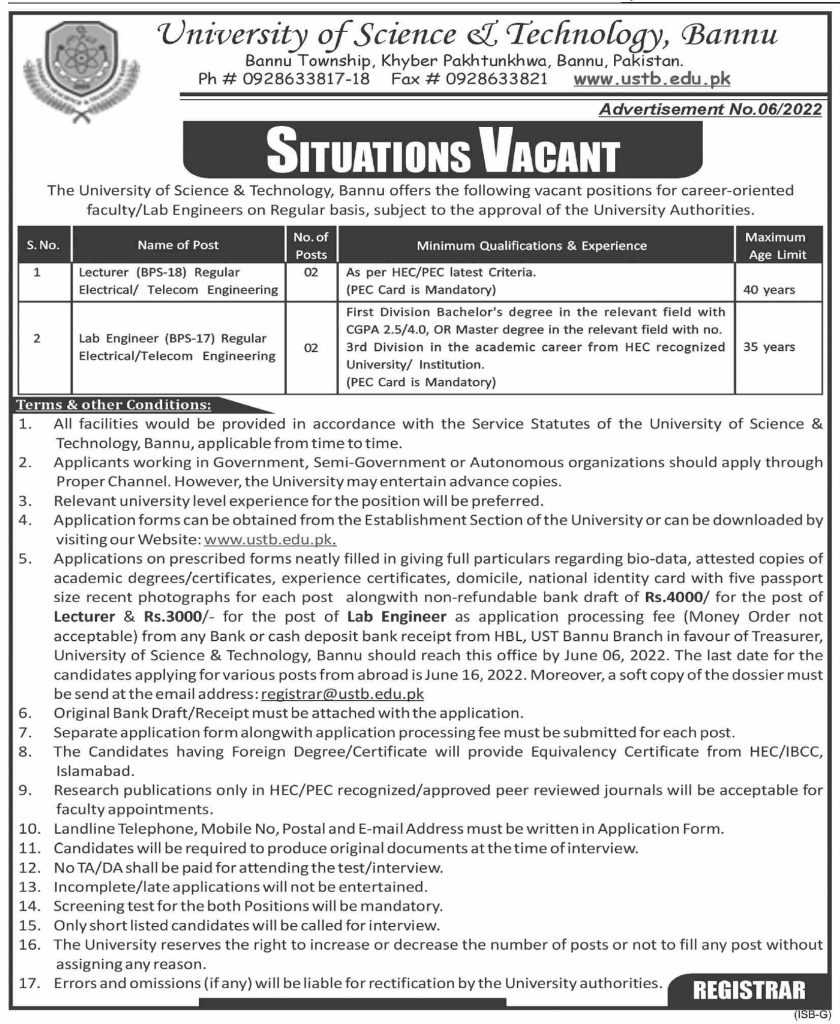 University of Science & Technology Bannu Jobs 2022 - Latest Jobs In ...