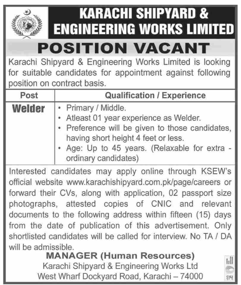 Welder Required at KSEWL Karachi 2022