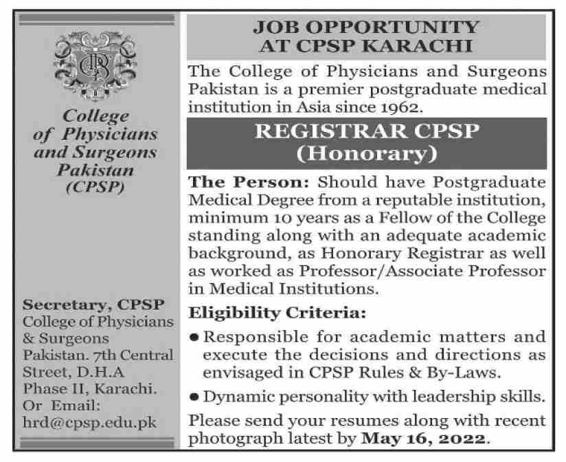 Jobs in CPSP Karachi 2022