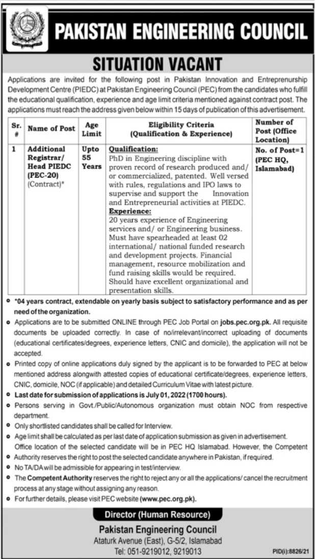 Jobs at PIEDC Pakistan Engineering Council 2022