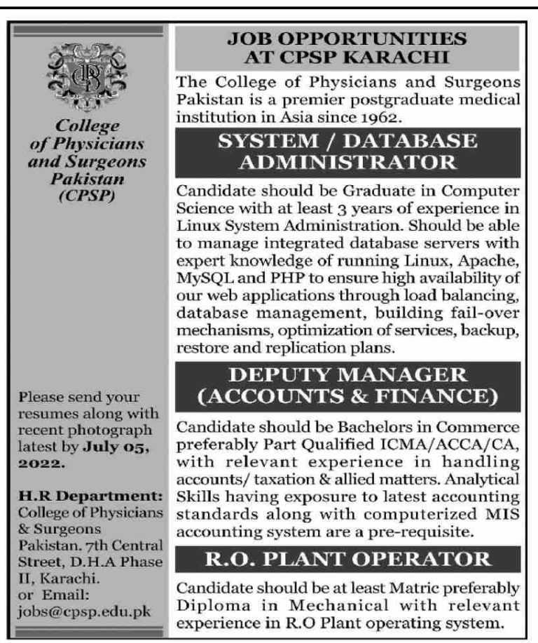 College of Physicians and Surgeons Pakistan Jobs 2022