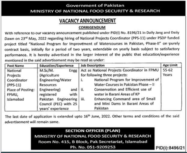 Ministry of National Food Security Positions 2022