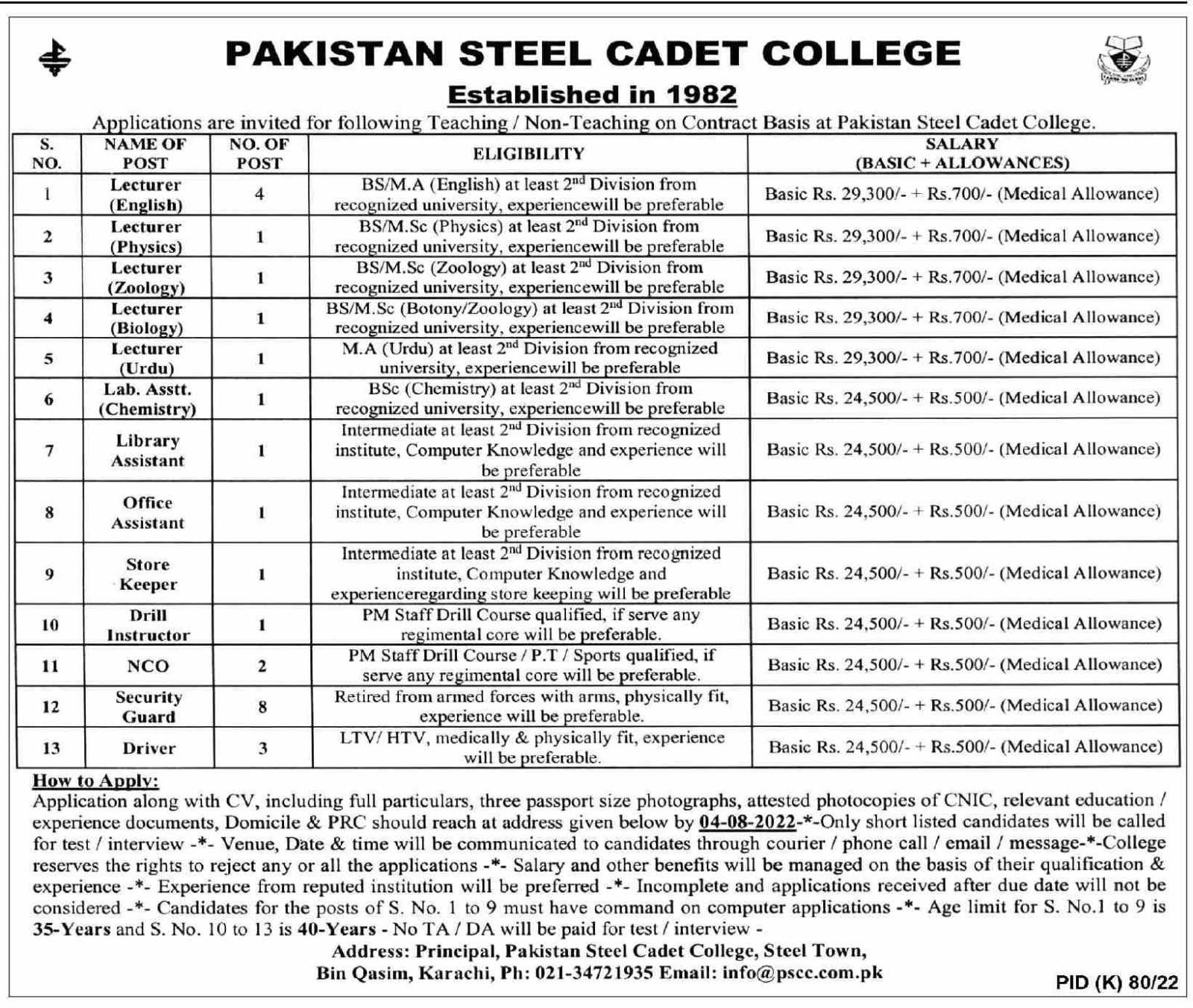 Jobs at Pakistan Steel Cadet College 2022