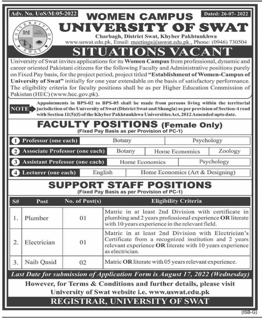 Jobs at University of Swat Women Campus 2022 - Latest Jobs In Pakistan