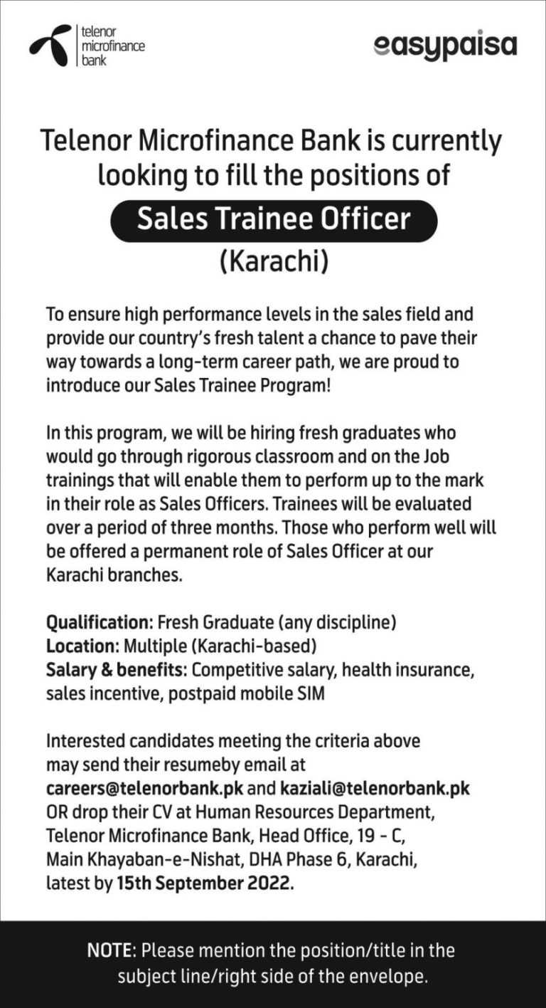 Internships at Telenor Microfinance Bank 2022 Latest Jobs In Pakistan