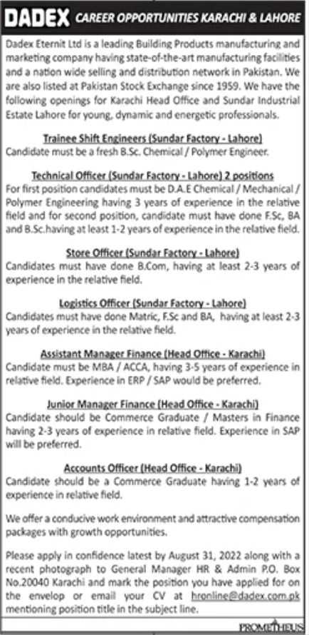 Jobs at DADEX Eternit Ltd 2022