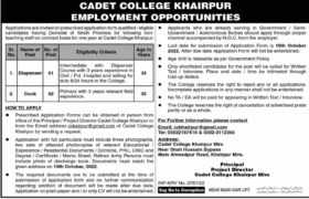 Jobs at Cadet College Khairpur 2022