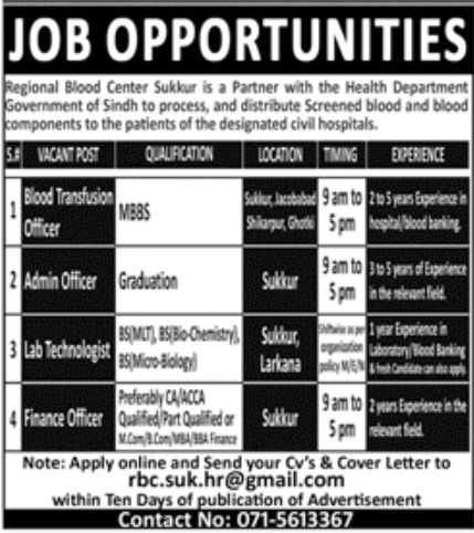 Jobs at Regional Blood Center Sukkur 2022