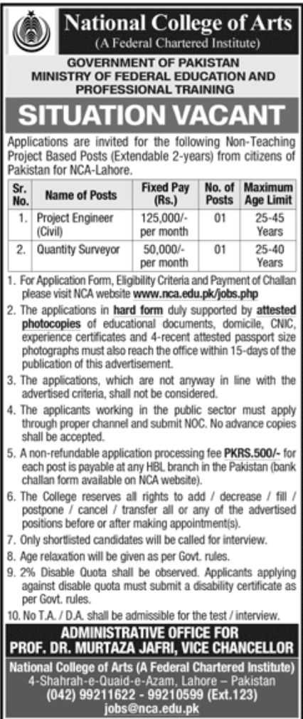 Jobs at National College of Arts 2022