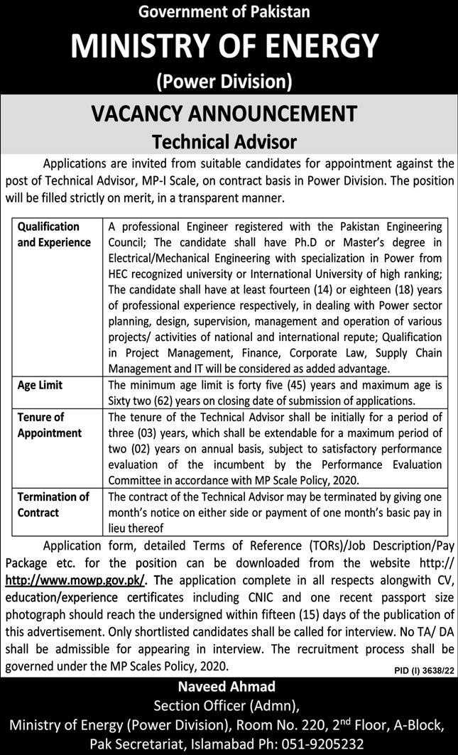 Jobs at Ministry of Energy Power Division 2022
