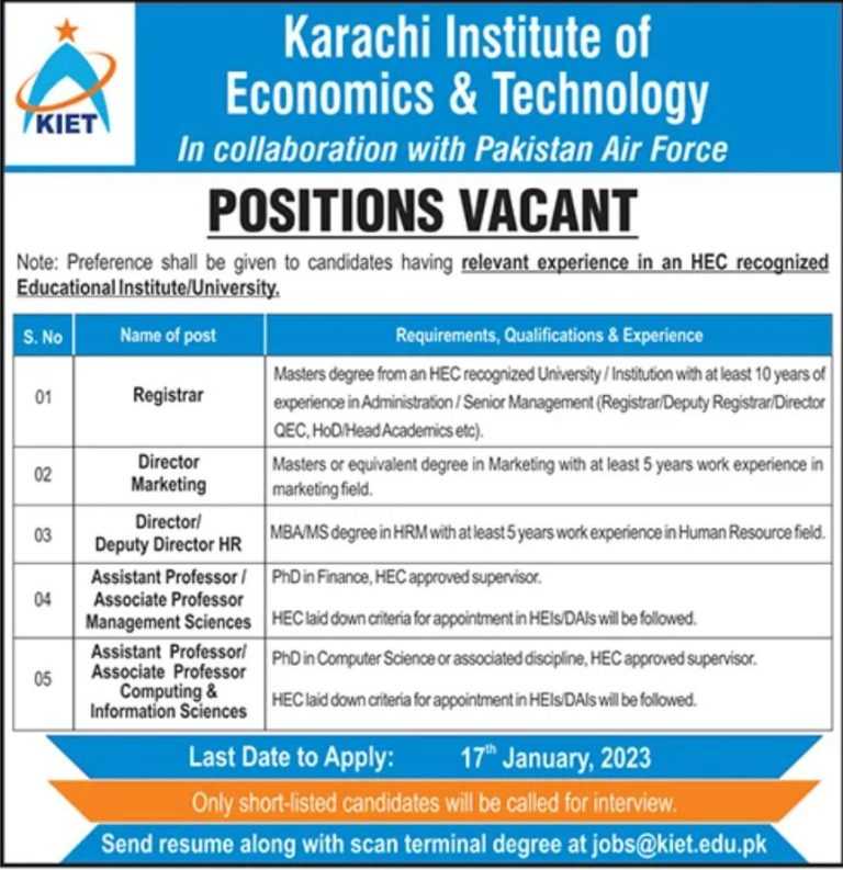 KIET Karachi Careers 2023