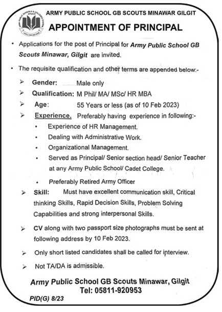 Jobs at APS GB Scouts Minawar Gilgit 2023