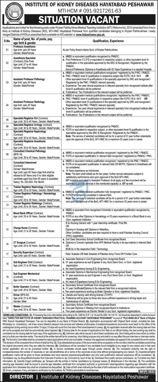 Jobs at IKD Hayatabad Peshawar 2023