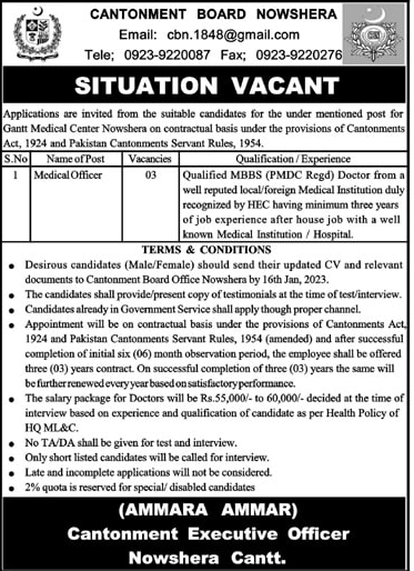 Jobs At Cantonment Board Nowshera 2023 - Latest Jobs In Pakistan