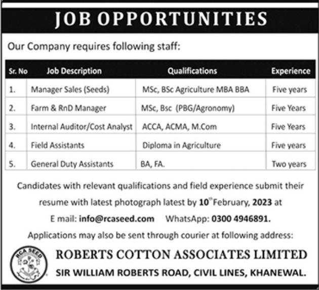 Jobs at Roberts Cotton Associates Limited 2023