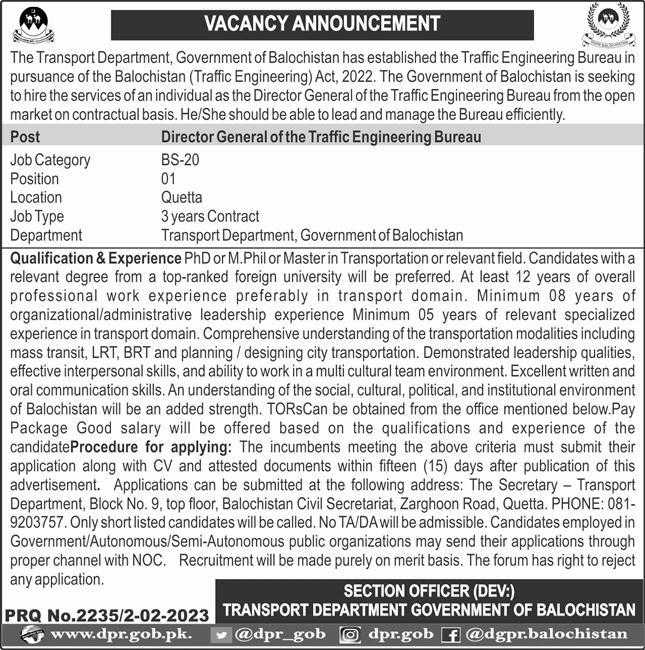 Jobs at Transport Department Balochistan 2023
