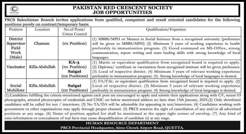 Vacancies at PRCS Balochistan 2023