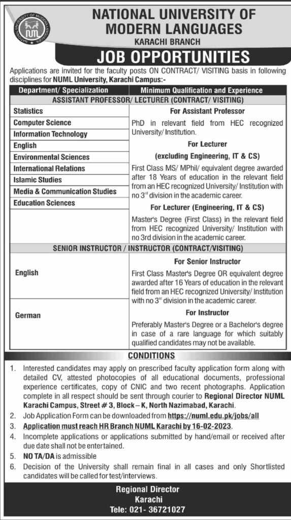 Vacancies at NUML University Karachi Campus 2023