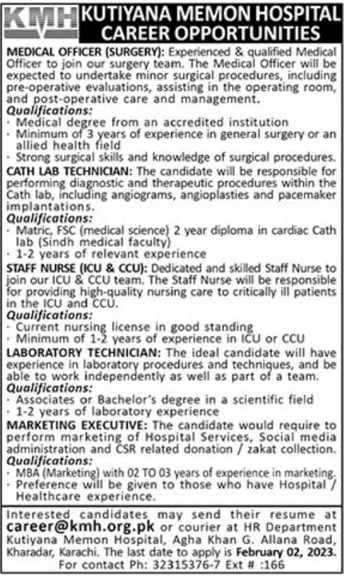 Jobs at Kuthiana Memon Hospital 2023