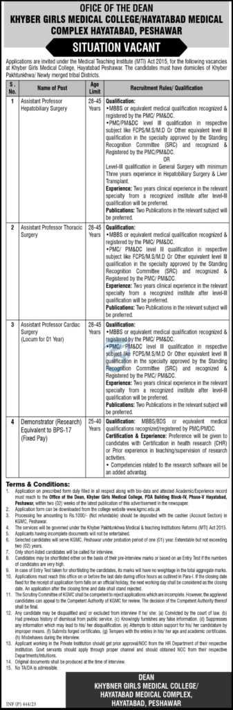 Positions at Khyber Girls Medical College 2023