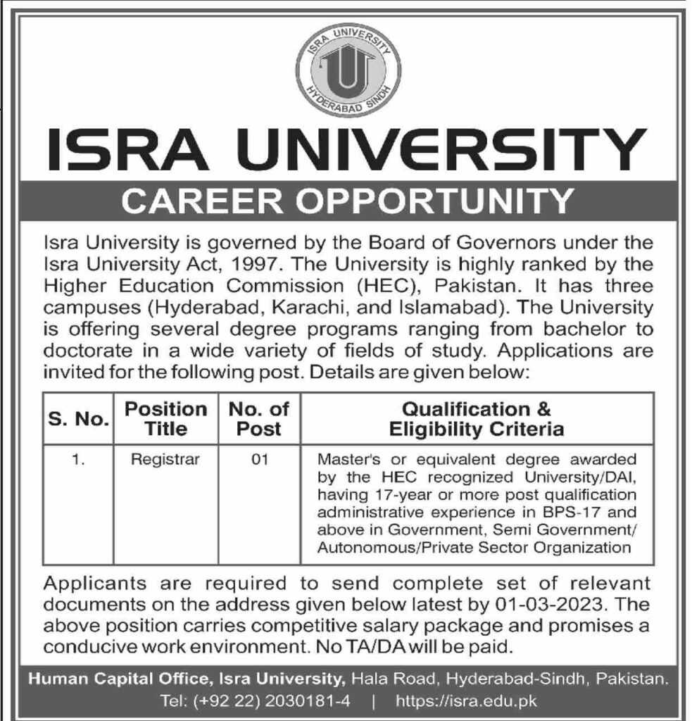 Position at ISRA University Hyderabad 2023