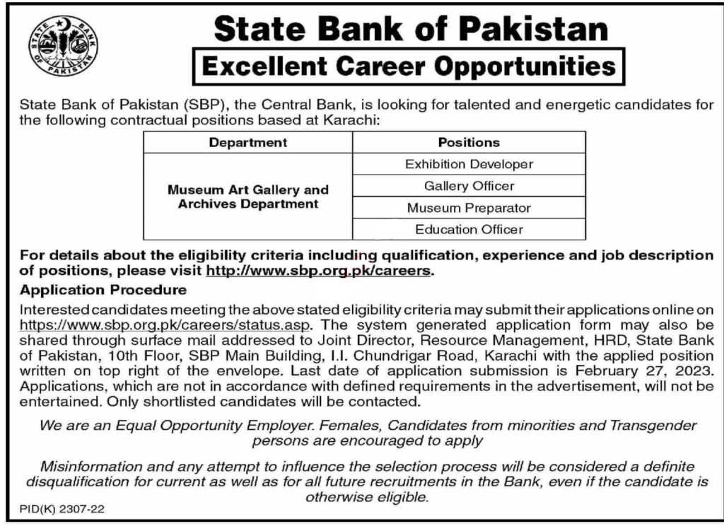 Latest Jobs at State Bank of Pakistan Karachi 2023
