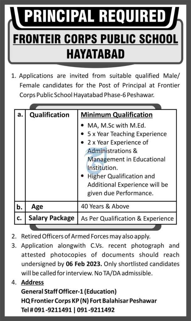 Jobs at Frontier Corps Public School Hayatabad 2023