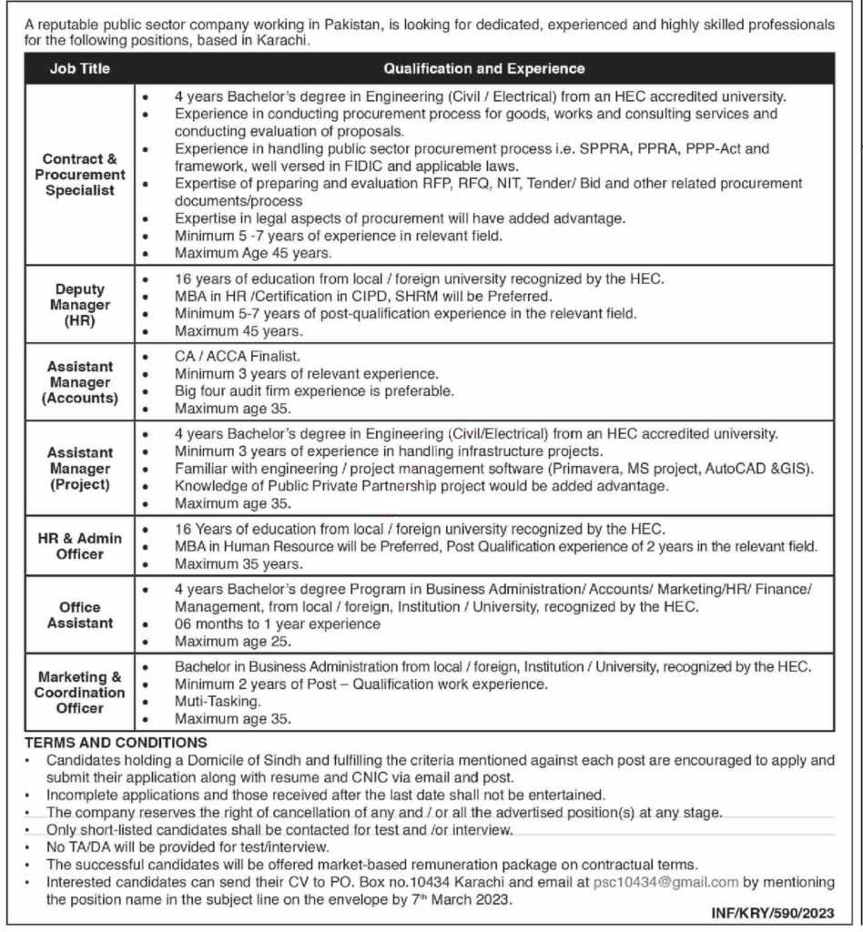 Public Sector Company Jobs in Karachi 2023